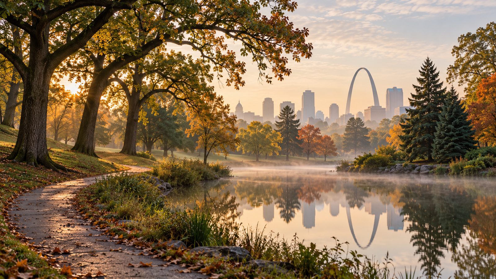 Autumn morning in a park: oak and pine trees around a misty pond, with the Gateway Arch and a city skyline in the distance