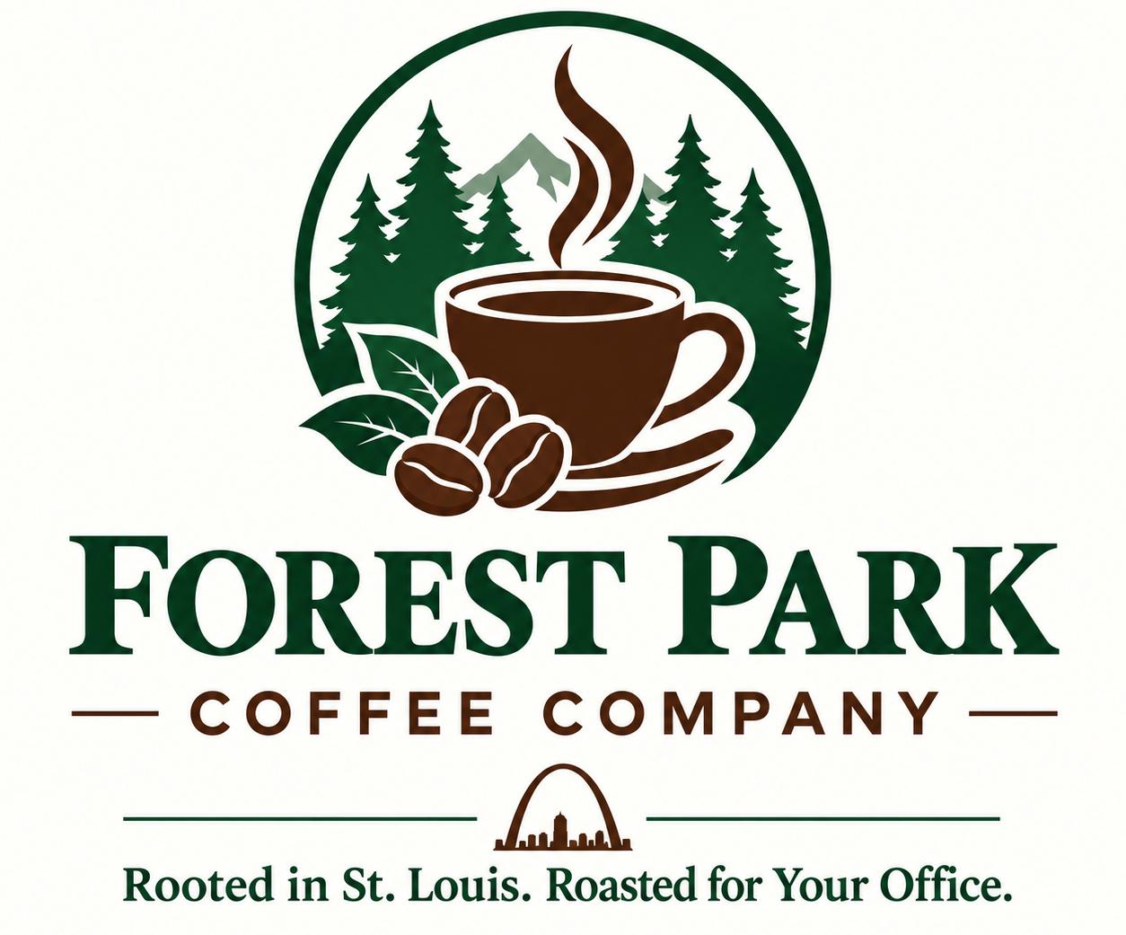 Forest Park Coffee Company logo: a steaming coffee cup with coffee beans in front of pine trees and a mountain, the Gateway Arch skyline, and the words Rooted in St. Louis. Roasted for Your Office.